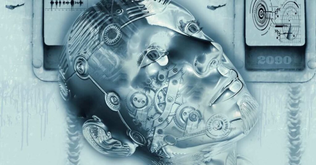 Futuristic AI robot face with advanced mechanical design and circuits