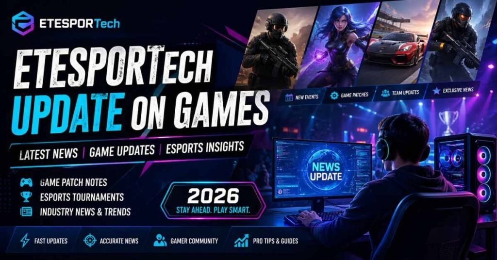 Esports gaming banner with neon style, gaming characters, and update news theme.