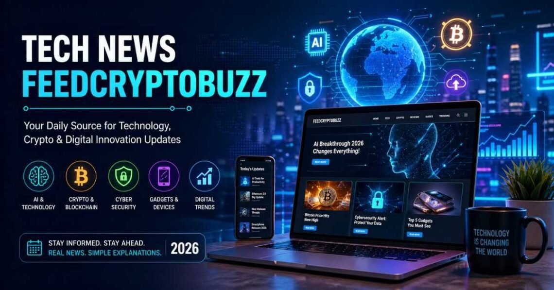 Futuristic tech news banner showing AI, crypto, and digital trends with laptop and mobile devices in neon blue design.