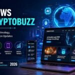 Futuristic tech news banner showing AI, crypto, and digital trends with laptop and mobile devices in neon blue design.