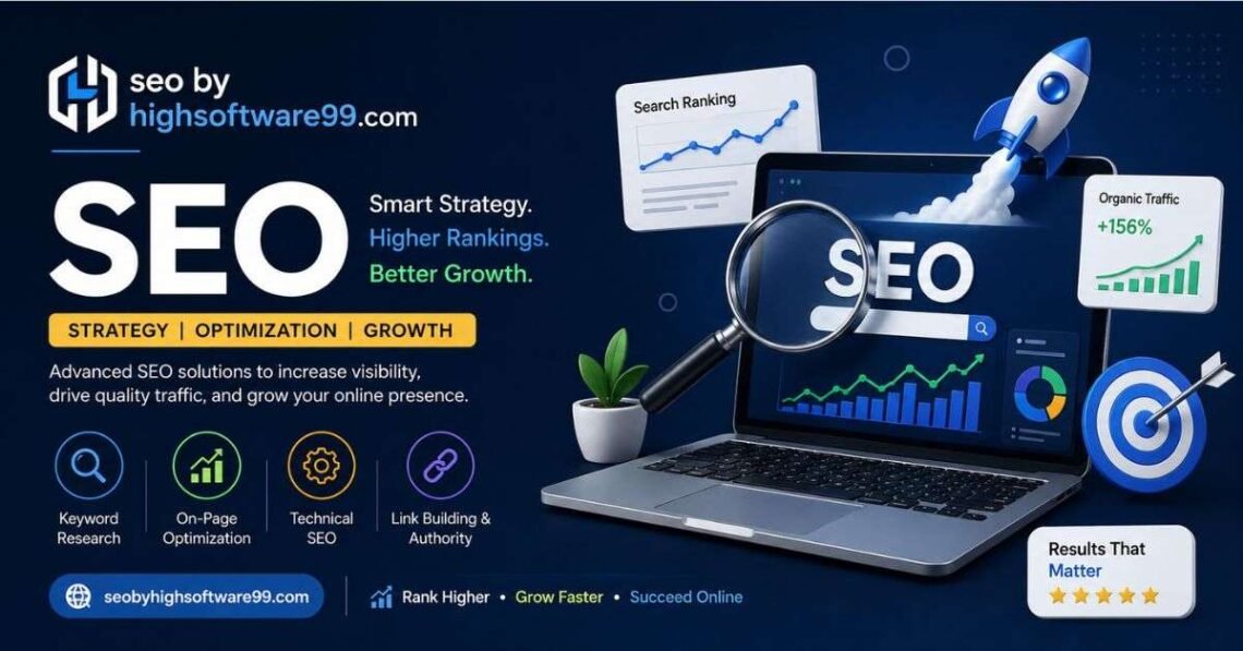 SEO illustration showing backlinks, website ranking improvement, and digital marketing growth strategy.