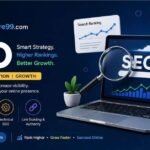 SEO illustration showing backlinks, website ranking improvement, and digital marketing growth strategy.