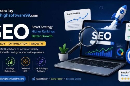 SEO illustration showing backlinks, website ranking improvement, and digital marketing growth strategy.