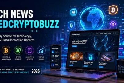 Futuristic tech news banner showing AI, crypto, and digital trends with laptop and mobile devices in neon blue design.