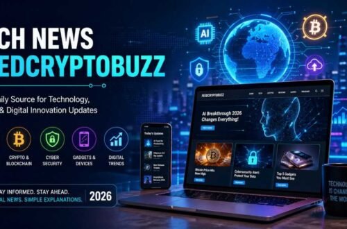 Futuristic tech news banner showing AI, crypto, and digital trends with laptop and mobile devices in neon blue design.