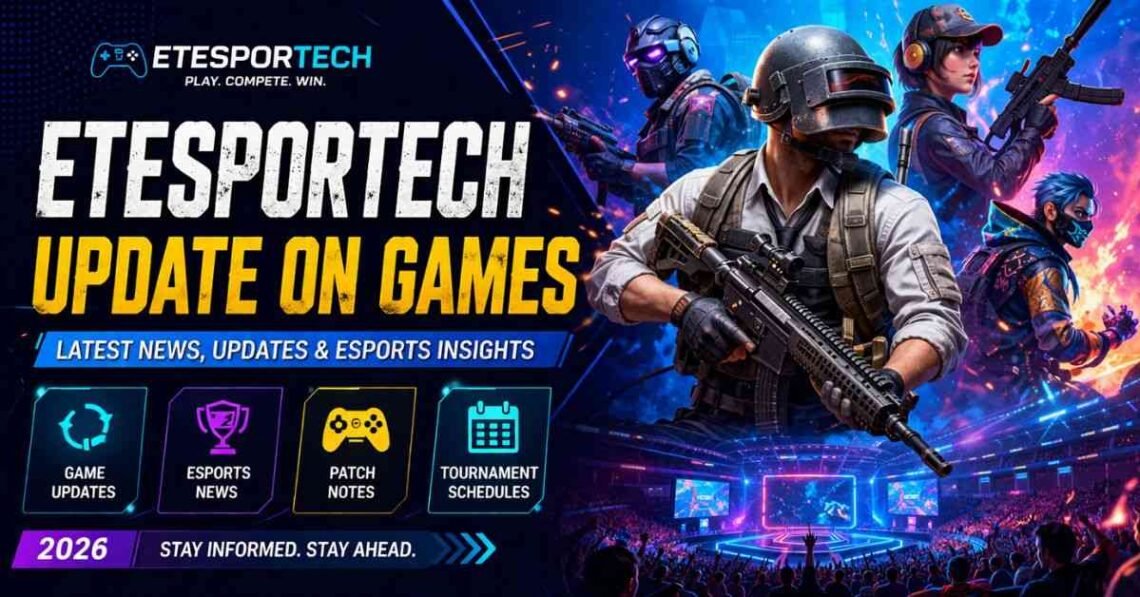 Esports gaming banner with neon style, gaming characters, and update news theme.