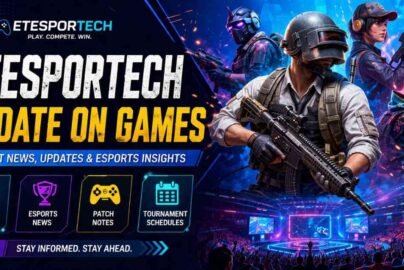 Esports gaming banner with neon style, gaming characters, and update news theme.