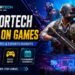 Esports gaming banner with neon style, gaming characters, and update news theme.