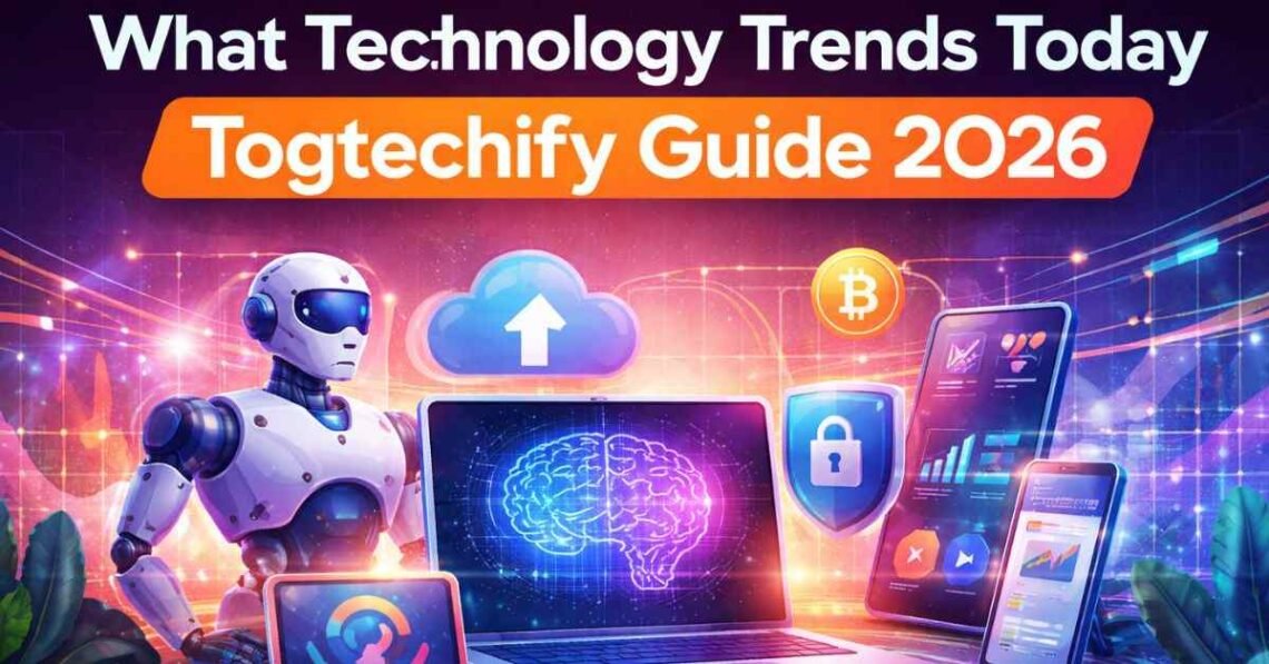 Futuristic tech trends 2026 infographic with AI, cloud, and devices