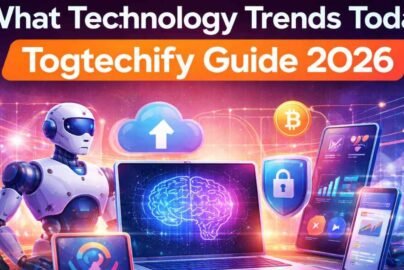 Futuristic tech trends 2026 infographic with AI, cloud, and devices