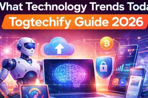 Futuristic tech trends 2026 infographic with AI, cloud, and devices