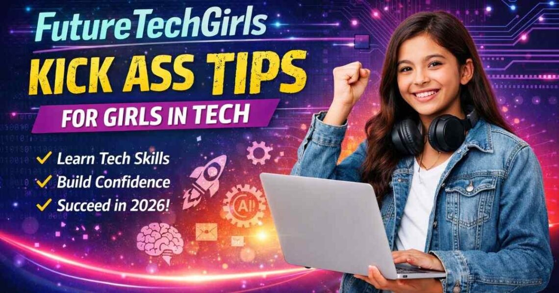 FutureTechGirls kick ass tips banner showing a girl learning tech skills and building confidence in 2026
