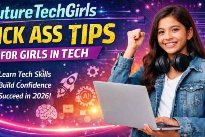 FutureTechGirls kick ass tips banner showing a girl learning tech skills and building confidence in 2026