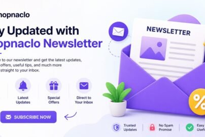 Shopnaclo newsletter promotional banner showing email signup benefits, discounts, updates, and subscribe button design.