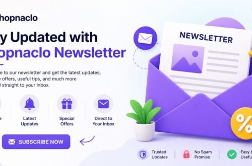 Shopnaclo newsletter promotional banner showing email signup benefits, discounts, updates, and subscribe button design.